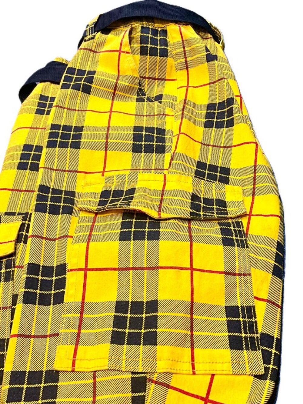 Almost Famous Yellow Plaid Cargo Jogger Pants Belted Cotton Blend Size L - Picture 4 of 10
